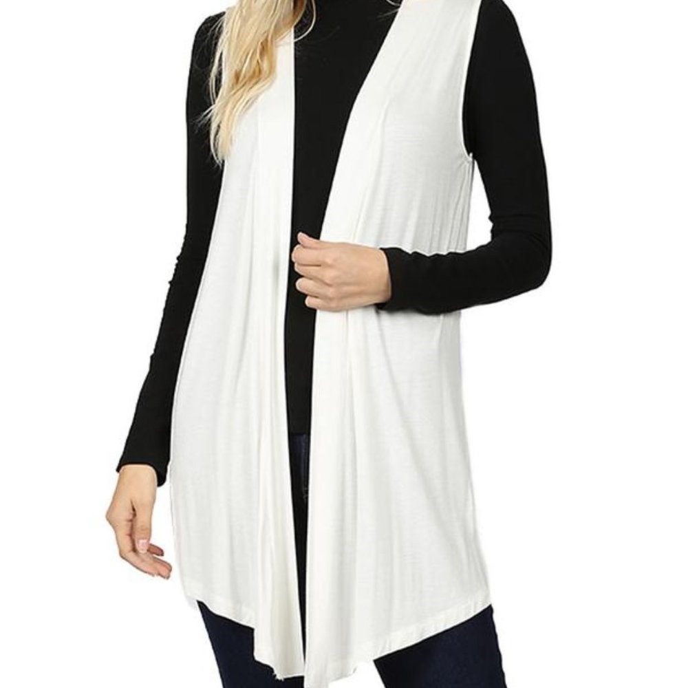 Drapey open-front sleeveless cardigan